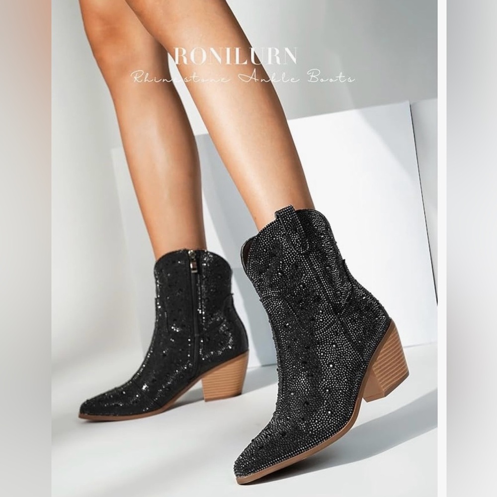 Rhinestone Black Ankle Western Boots